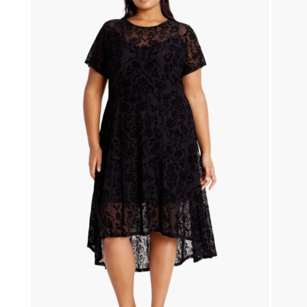 NWT City Chic Black Velvet Floral Dress; slip dress under; comfy elegance; XL